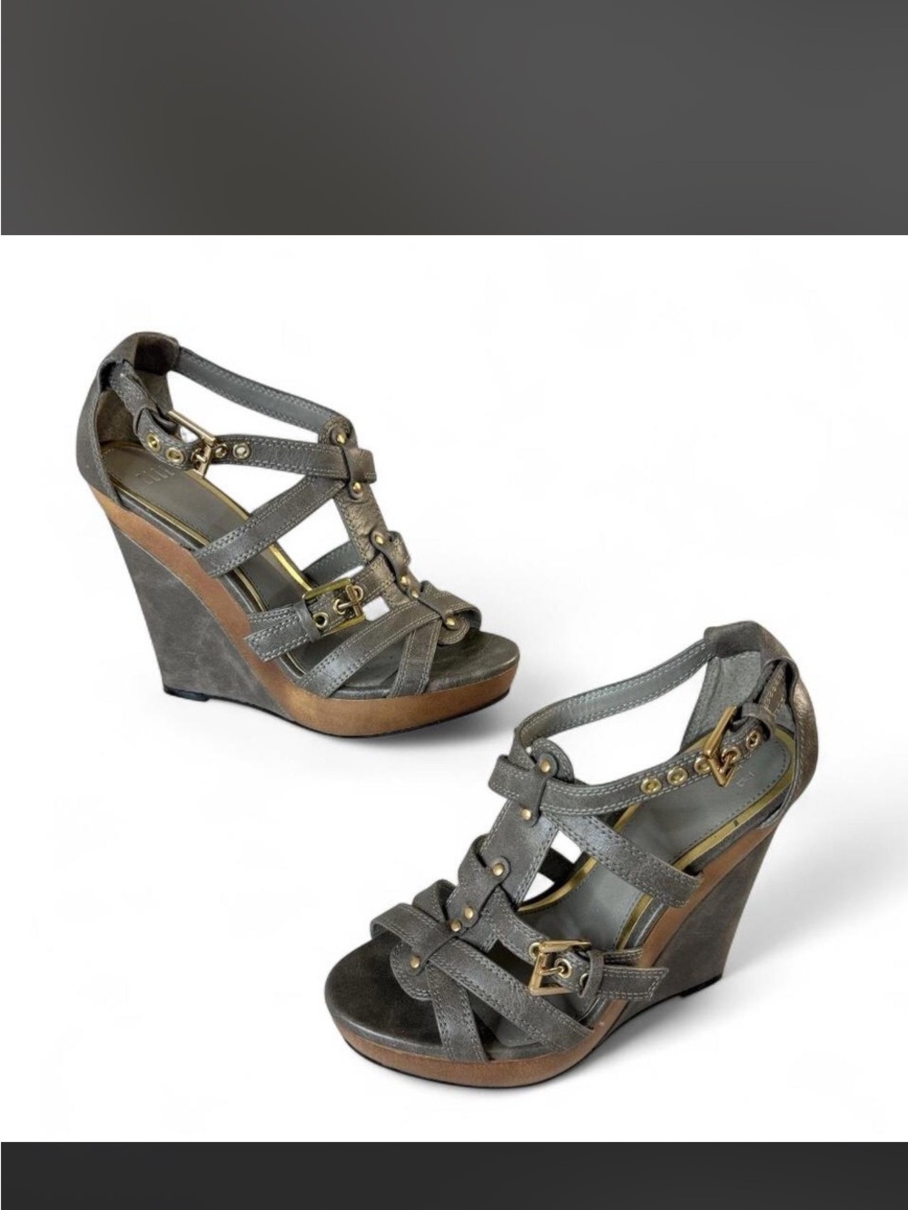 Elle Gray Strappy Wedge Sandals with Gold Hardware